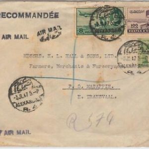 48790 - EGYPT - POSTAL HISTORY: REGISTERED AIRMAIL COVER to TRANSVAAL 1947