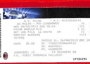 C1272 - Vecchio BIGLIETTO PARTITA CALCIO - 2013  MILAN VS PSV EINDHOVEN