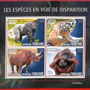 A3020 - TOGO, ERROR MISSPERF, Miniature s: 2019 Gorillas, Orangutans, Rhinoceros