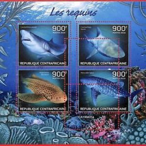 A1640 -CENTRAL AFRICAN R - ERROR: MISSPERF, M/S - 2019, Sharks, Marine Life Fish