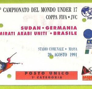 C2644 Vecchio BIGLIETTO PARTITA CALCIO 1991 SUDAN GERMANIA EMIRATI ARABI BRASILE