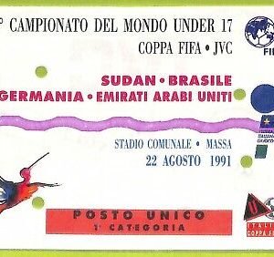 C2650 Vecchio BIGLIETTO PARTITA CALCIO 1991 SUDAN BRASILE GERMANIA EMIRATI ARABI