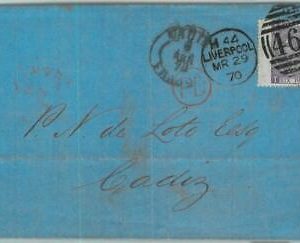 BK0772 - GB - POSTAL HISTORY - SG # 109 on COVER from LIVERPOOL to CADIZ  1870