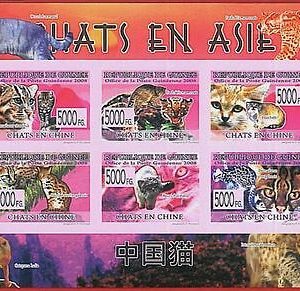 287 -  FRENCH GUINEA - ERROR, 2008 IMPERF SHEET: CHINA, CATS, Wild Fauna
