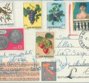 77827 - SAN MARINO - Postal History - TAXED Postcard 1949  WINE birds coins 1976
