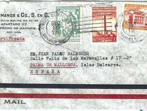 69255 - DOMINICANA - POSTAL HISTORY -  REGISTERED COVER  to  SPAIN  1951