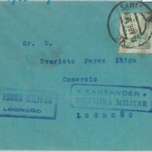 85341 - SPAIN - POSTAL HISTORY - Guerra Civil CENSORED COVER 1938 Santander