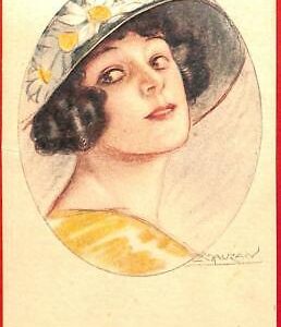 Lib7744 - VINTAGE Artist signed POSTCARD - Glamour : MAUZAN 1918 Flowery Hat