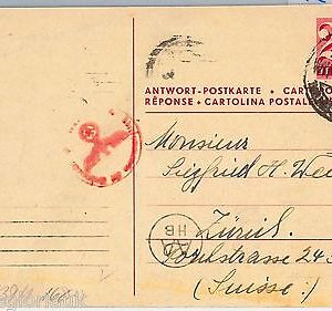 Judaica SWITZERLAND / SPAIN --  POSTAL STATIONERY Reply CARD to JEWISH REFUGEE