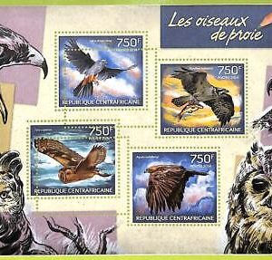 A0267 - CENTRAL AFRICA - MISSPERF 2014  stamp SHEET:  BIRDS of PREY Owls Eagles