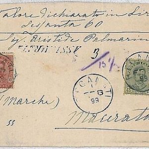 ITALIA REGNO:  storia postale - BUSTA ASSICURATA da Recanati a Macerata - 1899