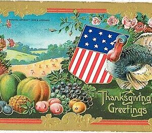 08059 -  VINTAGE POSTCARD --- THANKS GIVING - EMBOSSED - NICE  Flags Turkey