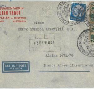 69957 - GERMANY - POSTAL HISTORY - COVER to ARGENTINA 1937 - ZEPPELIN stamp