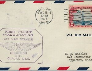 60130 - USA -  INAUGURATION Flight COVER: OSHKOSH, WIS  -  AMC: 9 W10