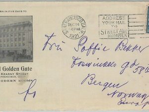 74490 - USA - POSTAL HISTORY - HOTEL COVER from SAN FRANCISCO to NORWAY 1921