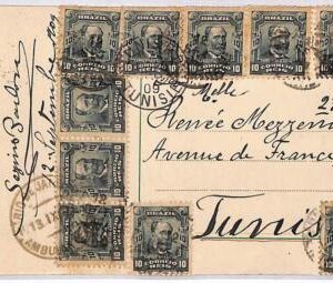 P0958 - BRAZIL - POSTAL HISTORY - POSTCARD to TUNIS with very nice FRANKING 1909