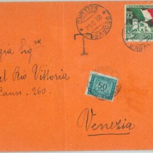 66394 - ITALY - POSTAL HISTORY: TAXED COVER  1952 - FLAGS