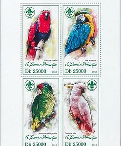 SAO TOME & PRINCIPE - ERROR, 2013 MISSPERF SHEET: SCOUTS, PARAKEETS, BIRDS