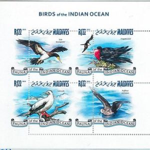 MALDIVES - ERROR, 2013 MISSPERF SHEET: BIRDS OF THE INDIAN OCEAN, MARINE LIFE