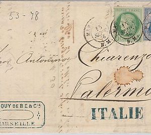 FRANCE -  POSTAL HISTORY -  COVER from MARSEILLE to  Palermo  ITALY 1876