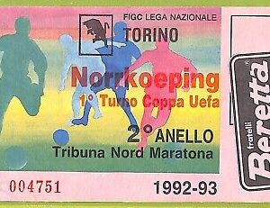 C1563- Vecchio BIGLIETTO PARTITA CALCIO 1992-1993 TORINO VS NORRKOPING