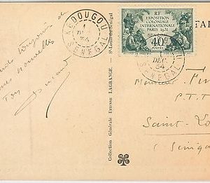 SENEGAL -  POSTAL HISTORY:  COLONIAL EXPO stamp on POSTCARD: KEDOUGOU 1934