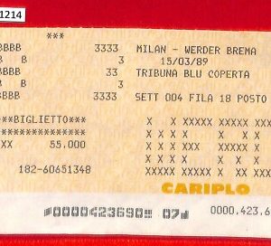 C1214 - Vecchio BIGLIETTO PARTITA CALCIO - 1989 / 90   AC MILAN vs WERDER BREMA