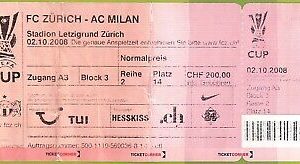 C1628- Vecchio BIGLIETTO PARTITA CALCIO 2008 ZURICH VS MILAN