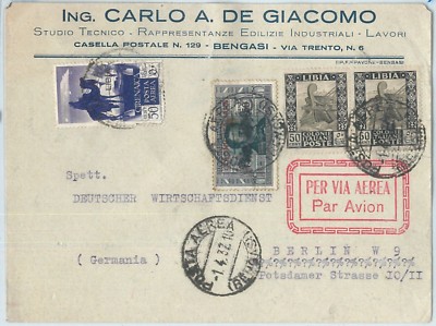 71582  - STORIA POSTALE -  LIBIA Libya 1932 - Busta  POSTA AEREA per la GERMANIA