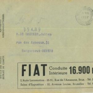 93250 - BELGIUM - POSTAL HISTORY - Advertising CHEQUES COVER 1937 Autos FIAT