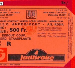 C1378 - Collectible FOOTBALL TICKET stub - UEFA CUP 1991: Anderlecht vs  ROMA
