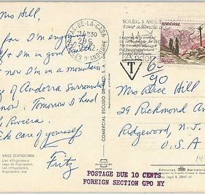 58518  - French  ANDORRA -  POSTAL HISTORY: POSTCARD  to the USA - TAXED ! 1952