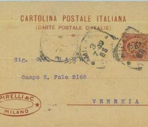 93183 - ITALY - POSTAL HISTORY - PERFIN stamp on POSTCARD:   PIRELLI Tyres  1903