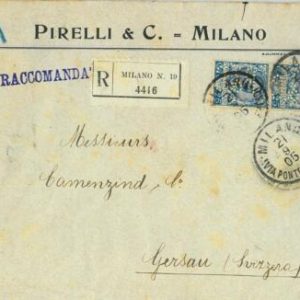 93182 - ITALY - POSTAL HISTORY - PERFIN stamp on COVER:   PIRELLI Tyres  1905
