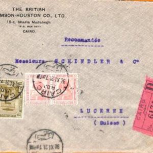 aa0141 - EGYPT - POSTAL HISTORY - REGISTERED  COVER to SWITZERLAND  1921