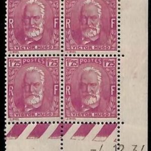 94858d - FRANCE - STAMPS -  Yvert # 295 block of 4 coin datee  MH Victor Hugo