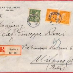 aa1830 - SWEDEN - Postal History - REGISTERED COVER to ITALY   1929
