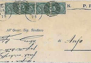 ITALIA REGNO: Sassone T16 striscia da 4 su CIRCOLARE - Brescia 1878