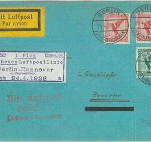89719 - GERMANY - Postal History - FIRST FLIGHT COVER:  Berlin / Hannover 1928