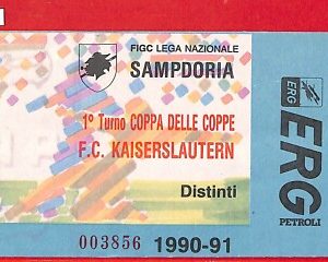 C1519 - Vecchio BIGLIETTO PARTITA CALCIO - 1990 / 91 SAMPDORIA vs KAISERSLAUTERN