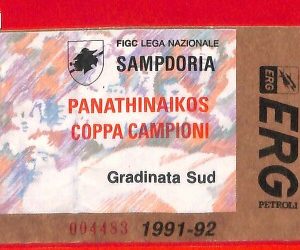 C1524 - Vecchio BIGLIETTO PARTITA CALCIO - 1991 / 92 SAMPDORIA vs PANATHINAIKOS