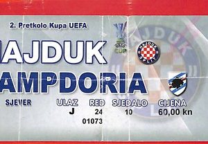 C1535  - Vecchio BIGLIETTO PARTITA CALCIO -  HAJDUK vs SAMPDORIA  Coppa UEFA