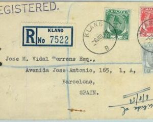 BK0338 - MALAYA  -  POSTAL HISTORY - REGISTERED Cover from KLANG to SPAIN 1956