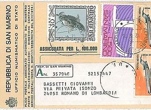 AIRPLANES - SAN MARINO:  storia postale - ETICHETTA PLICCO POSTALE - BELLA! 1975