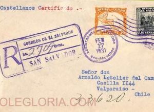ad6335 - EL SALVADOR  - Postal History - REGISTERED COVER to CHILE  1931