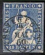 94991aA - SWITZERLAND - STAMP - Zumstein # 23 Green Thread  / Medium Paper USED