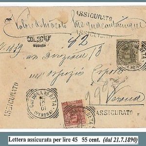REGNO: UMBERTO I - STORIA POSTALE: AFFRANCATURA MISTA su BUSTA tariffa 55 cent