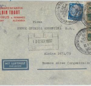69957 - GERMANY - POSTAL HISTORY - COVER to ARGENTINA 1937 - ZEPPELIN stamp