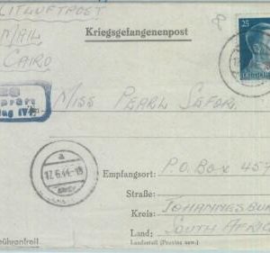89283 - GERMANY - POSTAL HISTORY - COVER from SOUTH AFRICAN POW  sent AIRMAIL