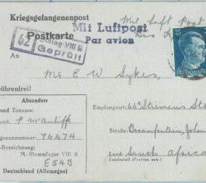 89281 - GERMANY - POSTAL HISTORY - CARD sent by SOUTH AFRICAN  POW  sent AIRMAIL
